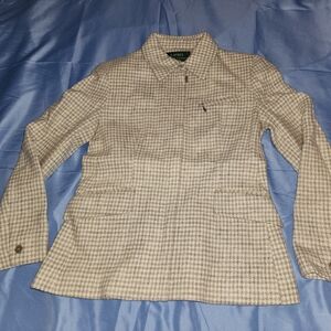 LAUREN RALPH LAUREN WOMEN'S PETITE WOOL PLAID PEACOAT BEIGE/GRAY SIZE 4P IS USED
